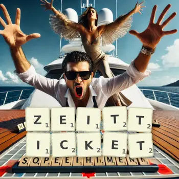 Kreative Illustration für ein Scrabble-Spiel, bei dem das Wort ZEITTICKET mit Steinen auf dem Brett gelegt wurde.