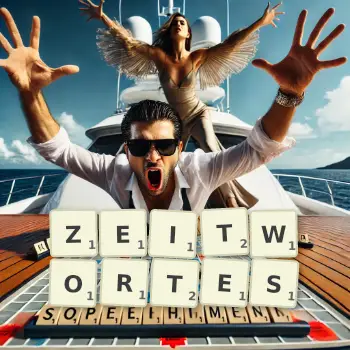 Kreative Illustration für ein Scrabble-Spiel, bei dem das Wort ZEITWORTES mit Steinen auf dem Brett gelegt wurde.