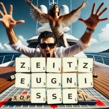 Kreative Illustration für ein Scrabble-Spiel, bei dem das Wort ZEITZEUGNISSE mit Steinen auf dem Brett gelegt wurde.