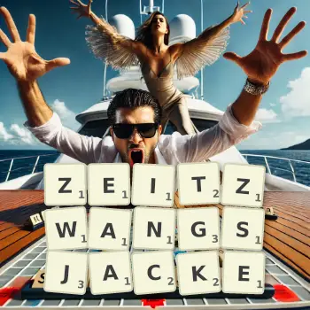 Kreative Illustration für ein Scrabble-Spiel, bei dem das Wort ZEITZWANGSJACKE mit Steinen auf dem Brett gelegt wurde.
