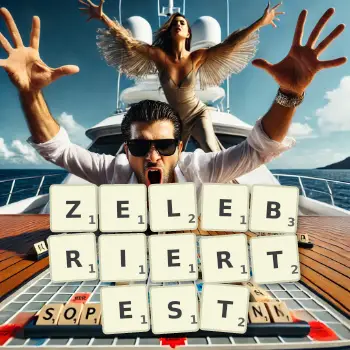 Kreative Illustration für ein Scrabble-Spiel, bei dem das Wort ZELEBRIERTEST mit Steinen auf dem Brett gelegt wurde.