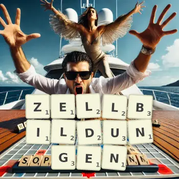 Kreative Illustration für ein Scrabble-Spiel, bei dem das Wort ZELLBILDUNGEN mit Steinen auf dem Brett gelegt wurde.