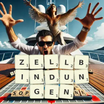 Kreative Illustration für ein Scrabble-Spiel, bei dem das Wort ZELLBINDUNGEN mit Steinen auf dem Brett gelegt wurde.