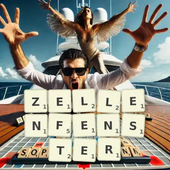 Kreative Illustration für ein Scrabble-Spiel, bei dem das Wort ZELLENFENSTER mit Steinen auf dem Brett gelegt wurde.