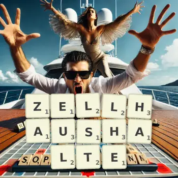 Kreative Illustration für ein Scrabble-Spiel, bei dem das Wort ZELLHAUSHALTE mit Steinen auf dem Brett gelegt wurde.
