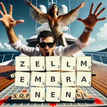 Kreative Illustration für ein Scrabble-Spiel, bei dem das Wort ZELLMEMBRANEN mit Steinen auf dem Brett gelegt wurde.