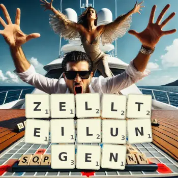 Kreative Illustration für ein Scrabble-Spiel, bei dem das Wort ZELLTEILUNGEN mit Steinen auf dem Brett gelegt wurde.