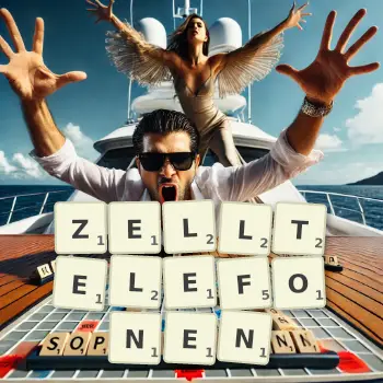 Kreative Illustration für ein Scrabble-Spiel, bei dem das Wort ZELLTELEFONEN mit Steinen auf dem Brett gelegt wurde.