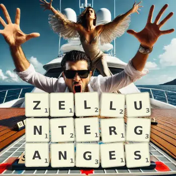 Kreative Illustration für ein Scrabble-Spiel, bei dem das Wort ZELLUNTERGANGES mit Steinen auf dem Brett gelegt wurde.