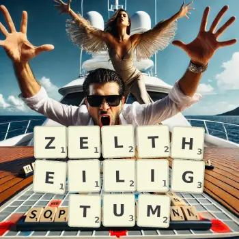 Kreative Illustration für ein Scrabble-Spiel, bei dem das Wort ZELTHEILIGTUM mit Steinen auf dem Brett gelegt wurde.