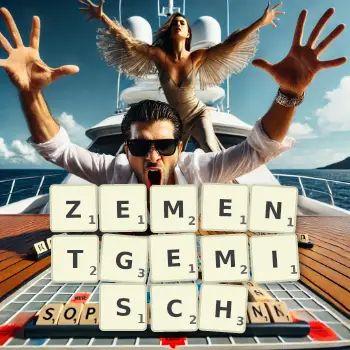 Kreative Illustration für ein Scrabble-Spiel, bei dem das Wort ZEMENTGEMISCH mit Steinen auf dem Brett gelegt wurde.