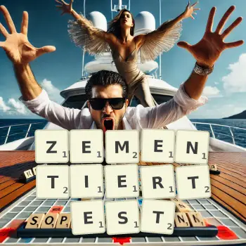 Kreative Illustration für ein Scrabble-Spiel, bei dem das Wort ZEMENTIERTEST mit Steinen auf dem Brett gelegt wurde.