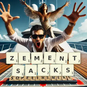Kreative Illustration für ein Scrabble-Spiel, bei dem das Wort ZEMENTSACKS mit Steinen auf dem Brett gelegt wurde.