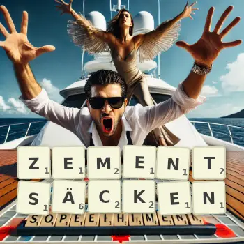 Kreative Illustration für ein Scrabble-Spiel, bei dem das Wort ZEMENTSÄCKEN mit Steinen auf dem Brett gelegt wurde.