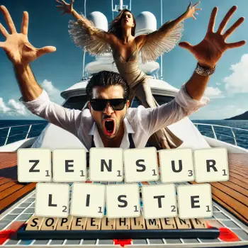 Kreative Illustration für ein Scrabble-Spiel, bei dem das Wort ZENSURLISTE mit Steinen auf dem Brett gelegt wurde.