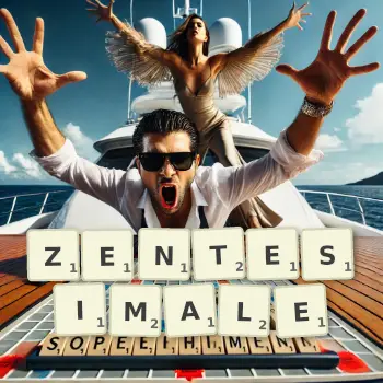 Kreative Illustration für ein Scrabble-Spiel, bei dem das Wort ZENTESIMALE mit Steinen auf dem Brett gelegt wurde.