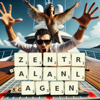 Kreative Illustration für ein Scrabble-Spiel, bei dem das Wort ZENTRALANLAGEN mit Steinen auf dem Brett gelegt wurde.