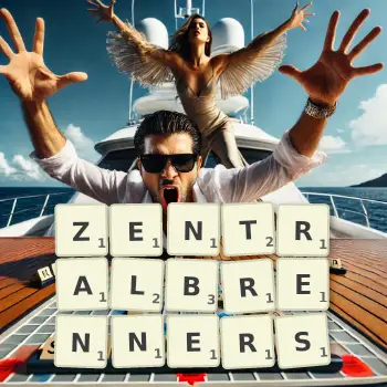 Kreative Illustration für ein Scrabble-Spiel, bei dem das Wort ZENTRALBRENNERS mit Steinen auf dem Brett gelegt wurde.