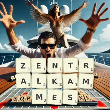 Kreative Illustration für ein Scrabble-Spiel, bei dem das Wort ZENTRALKAMMES mit Steinen auf dem Brett gelegt wurde.