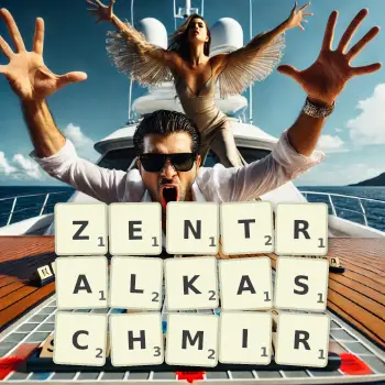 Kreative Illustration für ein Scrabble-Spiel, bei dem das Wort ZENTRALKASCHMIR mit Steinen auf dem Brett gelegt wurde.