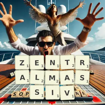 Kreative Illustration für ein Scrabble-Spiel, bei dem das Wort ZENTRALMASSIV mit Steinen auf dem Brett gelegt wurde.