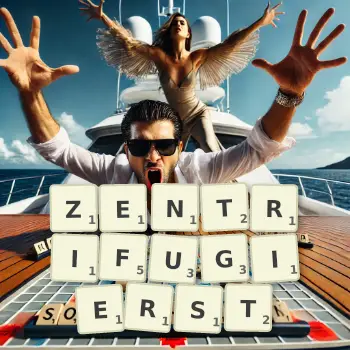 Kreative Illustration für ein Scrabble-Spiel, bei dem das Wort ZENTRIFUGIERST mit Steinen auf dem Brett gelegt wurde.