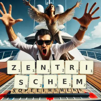 Kreative Illustration für ein Scrabble-Spiel, bei dem das Wort ZENTRISCHEM mit Steinen auf dem Brett gelegt wurde.