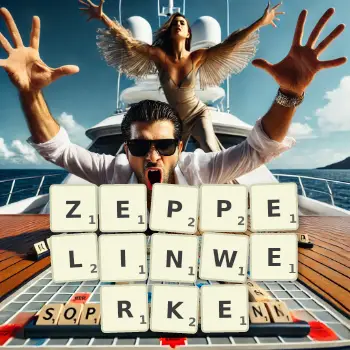 Kreative Illustration für ein Scrabble-Spiel, bei dem das Wort ZEPPELINWERKE mit Steinen auf dem Brett gelegt wurde.