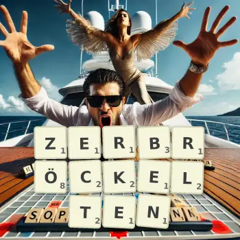 Kreative Illustration für ein Scrabble-Spiel, bei dem das Wort ZERBRÖCKELTEN mit Steinen auf dem Brett gelegt wurde.