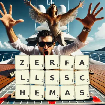 Kreative Illustration für ein Scrabble-Spiel, bei dem das Wort ZERFALLSSCHEMAS mit Steinen auf dem Brett gelegt wurde.