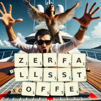 Kreative Illustration für ein Scrabble-Spiel, bei dem das Wort ZERFALLSSTOFFE mit Steinen auf dem Brett gelegt wurde.