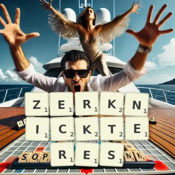 Kreative Illustration für ein Scrabble-Spiel, bei dem das Wort ZERKNICKTERES mit Steinen auf dem Brett gelegt wurde.