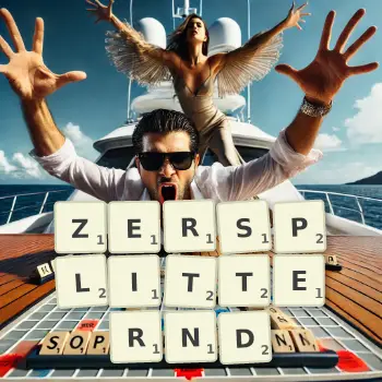 Kreative Illustration für ein Scrabble-Spiel, bei dem das Wort ZERSPLITTERND mit Steinen auf dem Brett gelegt wurde.