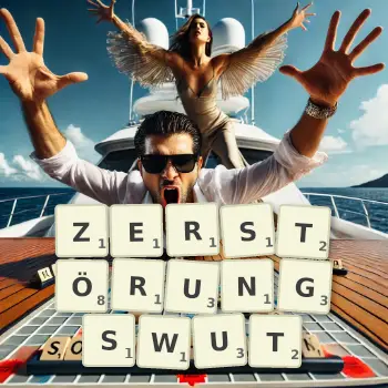 Kreative Illustration für ein Scrabble-Spiel, bei dem das Wort ZERSTÖRUNGSWUT mit Steinen auf dem Brett gelegt wurde.