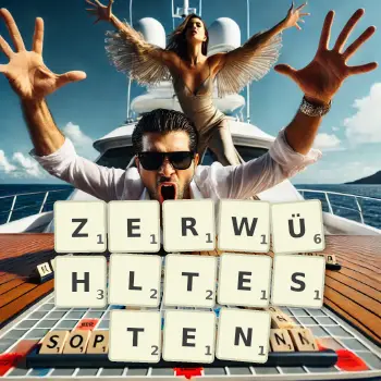 Kreative Illustration für ein Scrabble-Spiel, bei dem das Wort ZERWÜHLTESTEN mit Steinen auf dem Brett gelegt wurde.