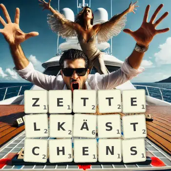 Kreative Illustration für ein Scrabble-Spiel, bei dem das Wort ZETTELKÄSTCHENS mit Steinen auf dem Brett gelegt wurde.