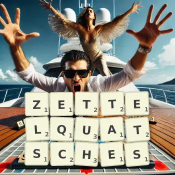Kreative Illustration für ein Scrabble-Spiel, bei dem das Wort ZETTELQUATSCHES mit Steinen auf dem Brett gelegt wurde.