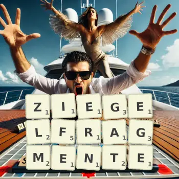 Kreative Illustration für ein Scrabble-Spiel, bei dem das Wort ZIEGELFRAGMENTE mit Steinen auf dem Brett gelegt wurde.