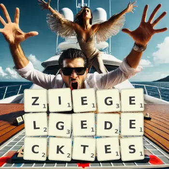 Kreative Illustration für ein Scrabble-Spiel, bei dem das Wort ZIEGELGEDECKTES mit Steinen auf dem Brett gelegt wurde.