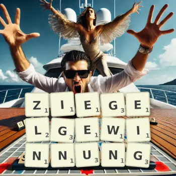 Kreative Illustration für ein Scrabble-Spiel, bei dem das Wort ZIEGELGEWINNUNG mit Steinen auf dem Brett gelegt wurde.