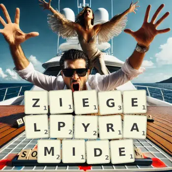 Kreative Illustration für ein Scrabble-Spiel, bei dem das Wort ZIEGELPYRAMIDE mit Steinen auf dem Brett gelegt wurde.