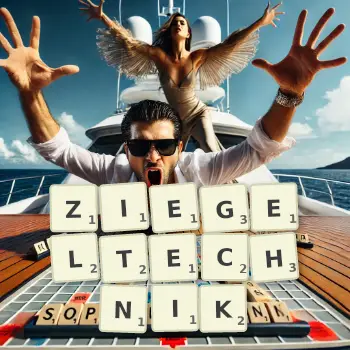 Kreative Illustration für ein Scrabble-Spiel, bei dem das Wort ZIEGELTECHNIK mit Steinen auf dem Brett gelegt wurde.