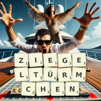 Kreative Illustration für ein Scrabble-Spiel, bei dem das Wort ZIEGELTÜRMCHEN mit Steinen auf dem Brett gelegt wurde.