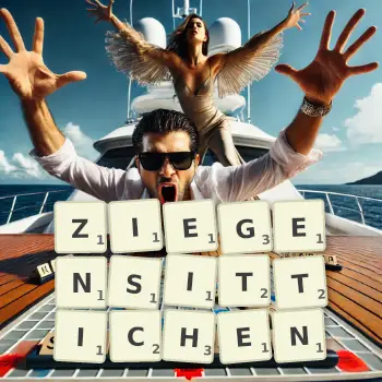 Kreative Illustration für ein Scrabble-Spiel, bei dem das Wort ZIEGENSITTICHEN mit Steinen auf dem Brett gelegt wurde.