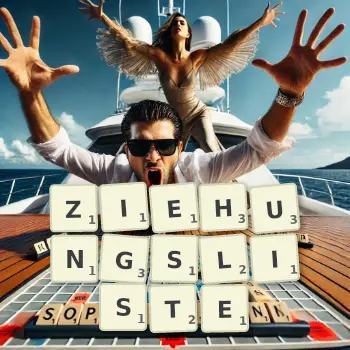 Kreative Illustration für ein Scrabble-Spiel, bei dem das Wort ZIEHUNGSLISTE mit Steinen auf dem Brett gelegt wurde.