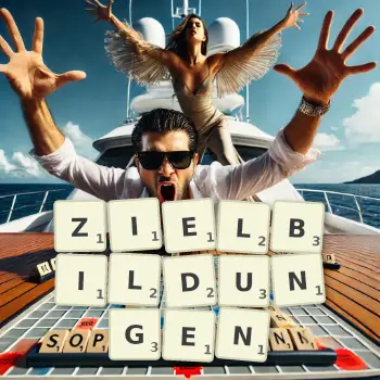 Kreative Illustration für ein Scrabble-Spiel, bei dem das Wort ZIELBILDUNGEN mit Steinen auf dem Brett gelegt wurde.