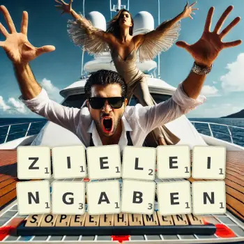 Kreative Illustration für ein Scrabble-Spiel, bei dem das Wort ZIELEINGABEN mit Steinen auf dem Brett gelegt wurde.