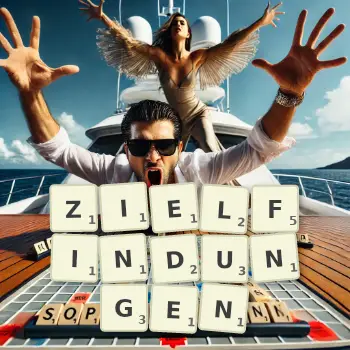Kreative Illustration für ein Scrabble-Spiel, bei dem das Wort ZIELFINDUNGEN mit Steinen auf dem Brett gelegt wurde.