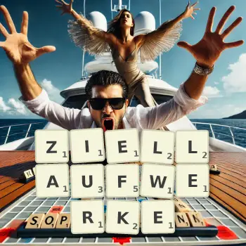 Kreative Illustration für ein Scrabble-Spiel, bei dem das Wort ZIELLAUFWERKE mit Steinen auf dem Brett gelegt wurde.