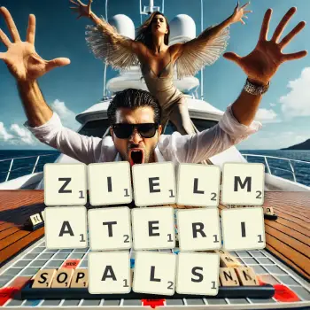 Kreative Illustration für ein Scrabble-Spiel, bei dem das Wort ZIELMATERIALS mit Steinen auf dem Brett gelegt wurde.